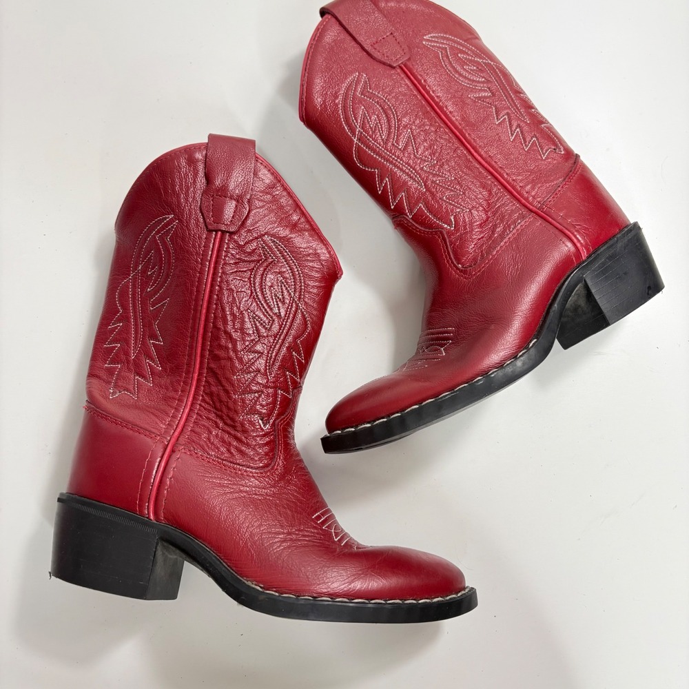 Old West Kids Red Leather Western Cowboy Boots 8116 Size 12 D